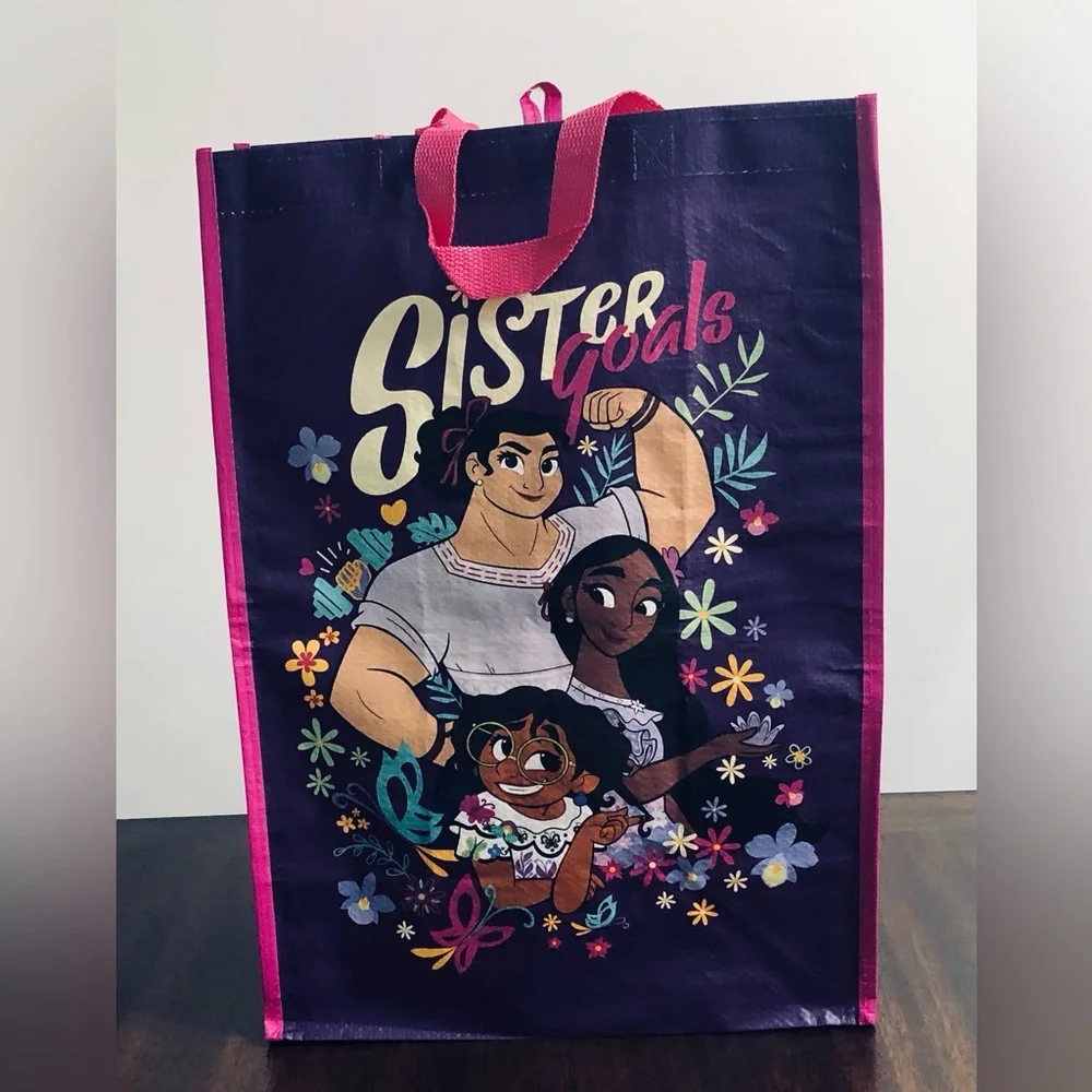 Disney Encanto sister Goals Reusable bag graphic purple. 13.5in X 19in X 8in